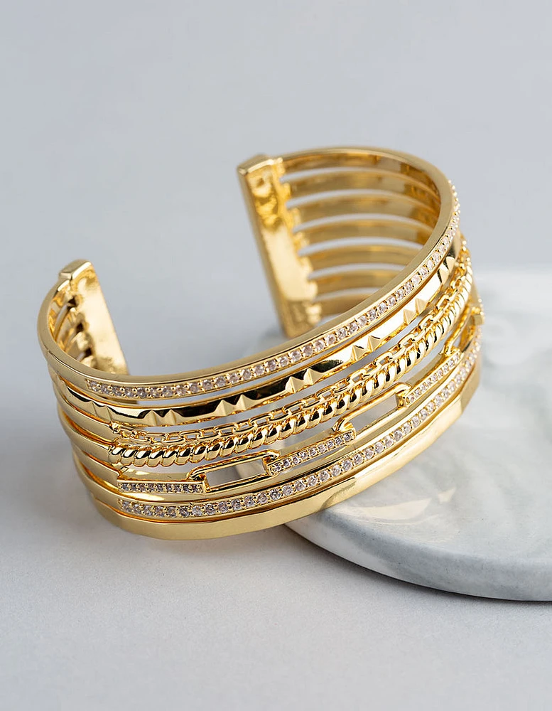 18ct Gold Plated Brass Cubic Zirconia Multi Row Cuff Bracelet