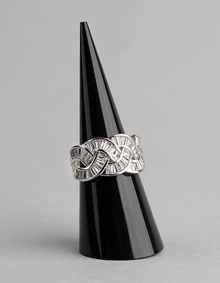 Rhodium Cubic Zirconia Baguette Stone Plaited Ring