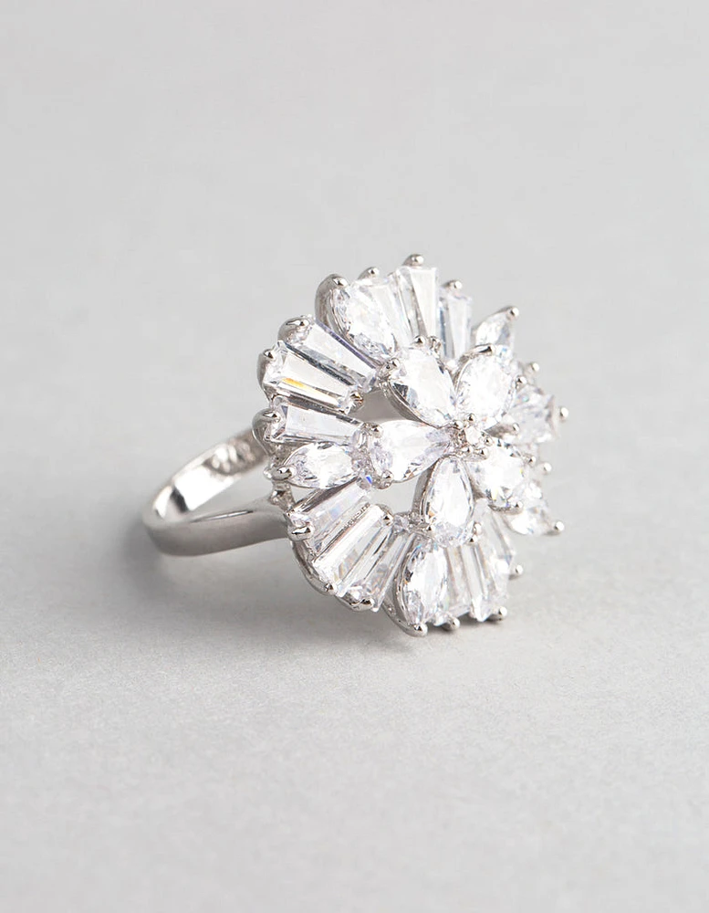 Silver Cubic Zirconia Statement Flower Burst Ring