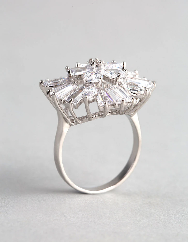 Silver Cubic Zirconia Statement Flower Burst Ring