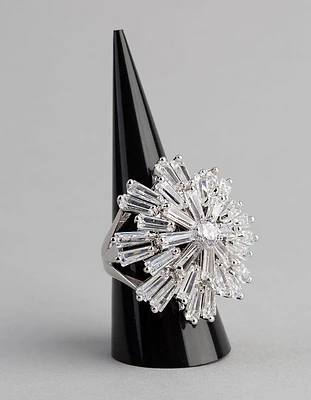 Silver Cubic Zirconia Statement Starbust Cocktail Ring