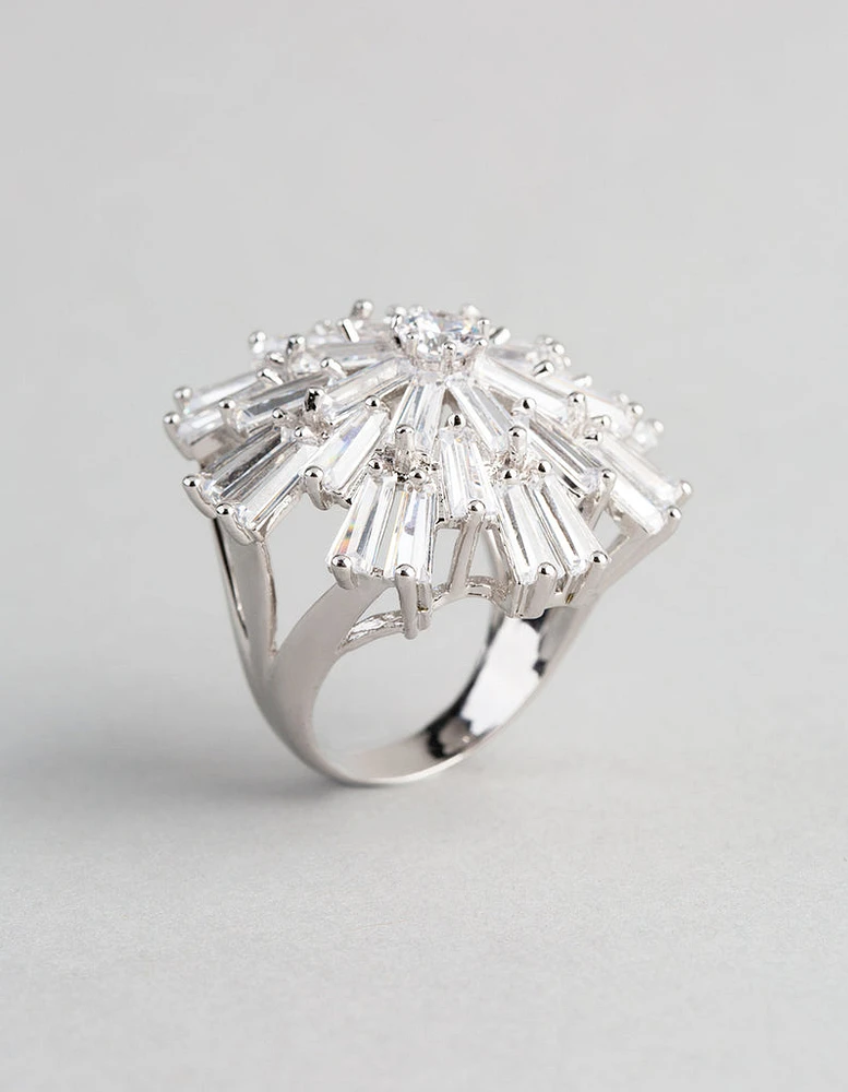 Rhodium Cubic Zirconia Statement Starbust Cocktail Ring