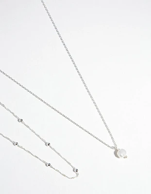 Silver Plated 2-Row Single Pearl Drop Necklace