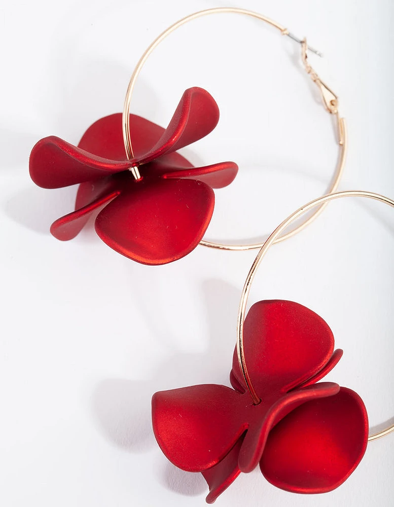 Gold Red Pearlised Flower Hoop Earrings