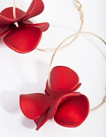 Gold Red Pearlised Flower Hoop Earrings