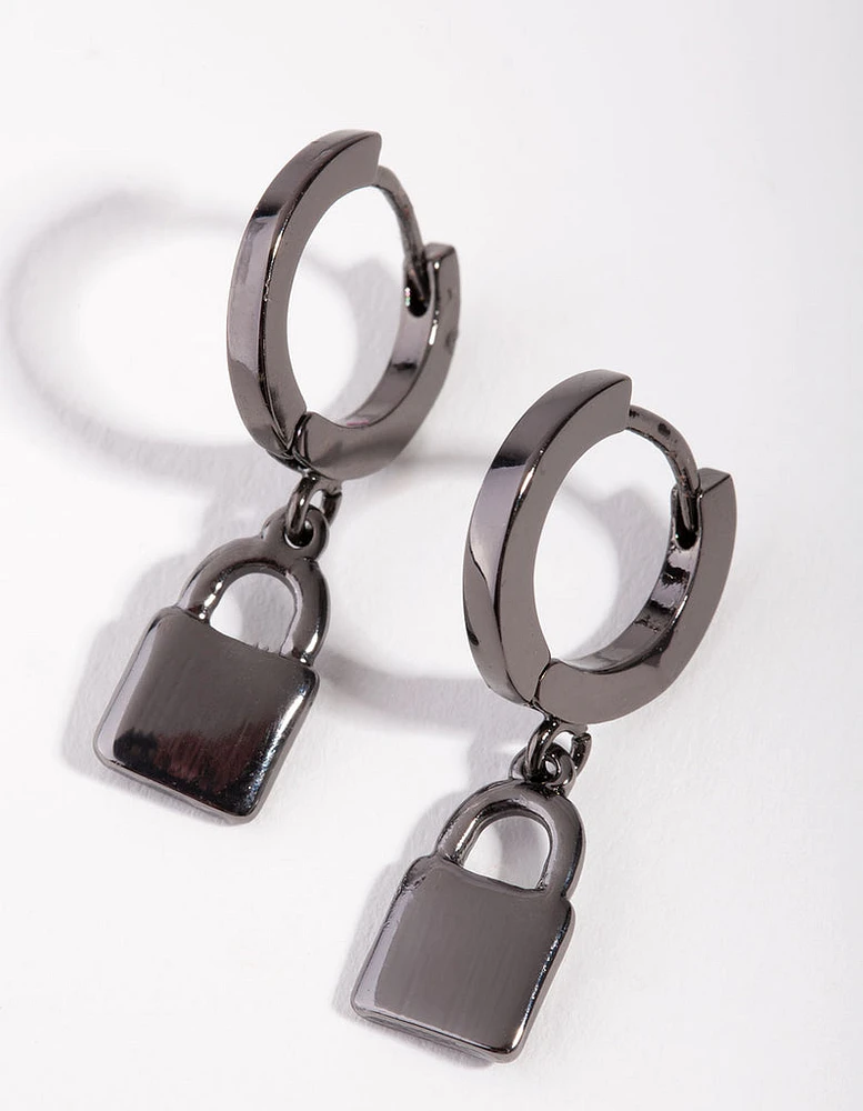 Gun Metal Padlock Huggie Earrings