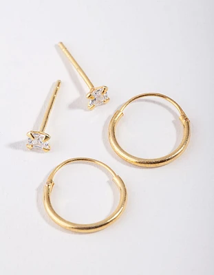 Gold Plated Sterling Silver Princess Stud & Hoop Pack Earring