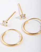 Gold Plated Sterling Silver Princess Stud & Hoop Pack Earring