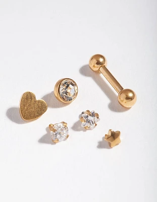 Gold Cubic Zirconia Heart Barbell 6-Pack