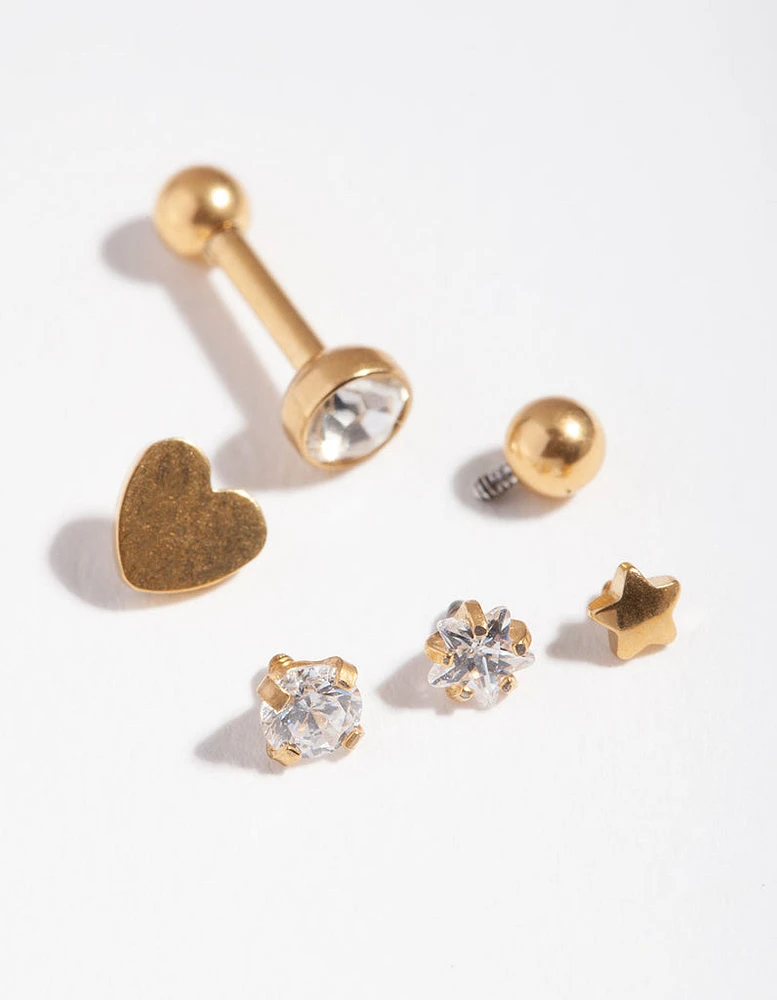 Gold Cubic Zirconia Heart Barbell 6-Pack