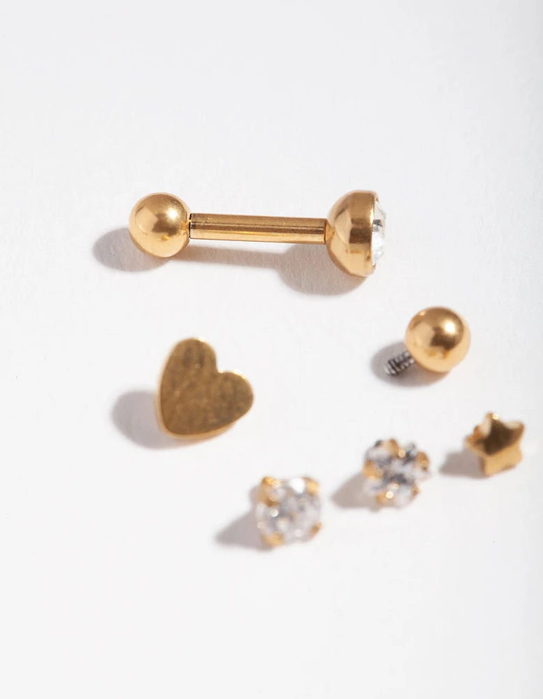 Gold Cubic Zirconia Heart Barbell 6-Pack