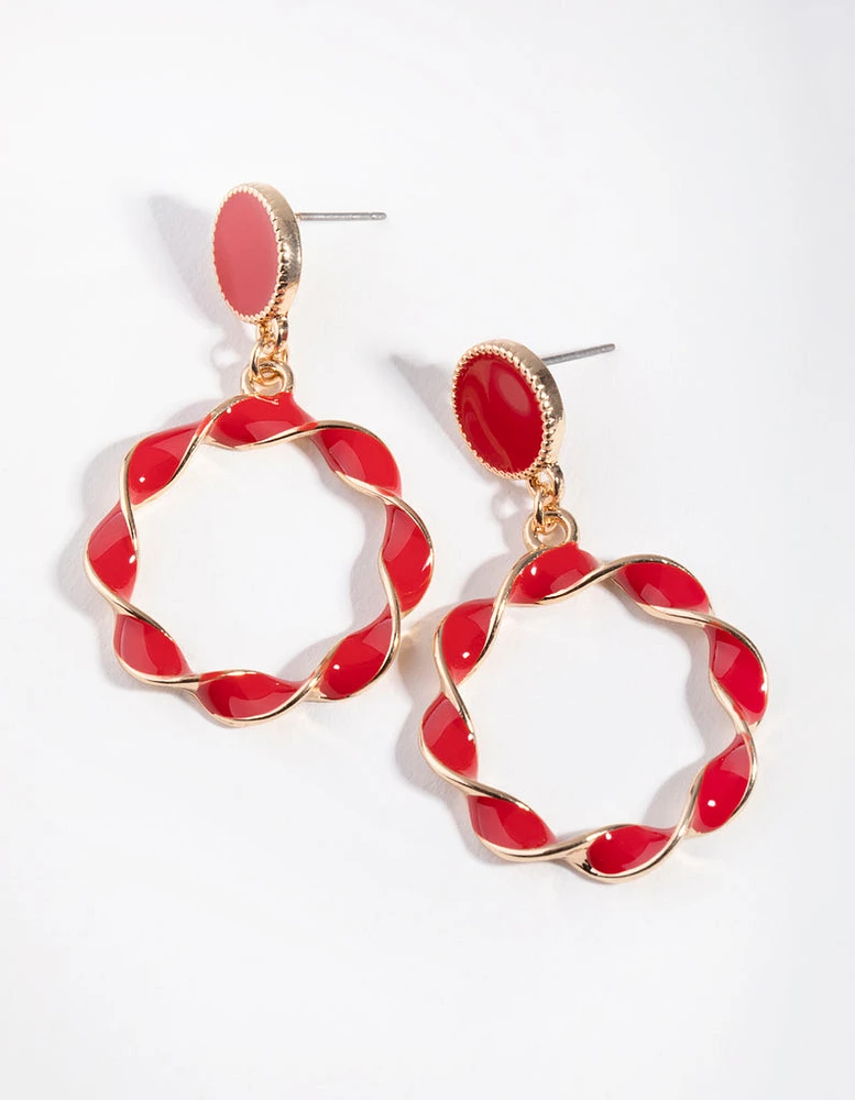 Gold Enamel Twisted Drop Earrings