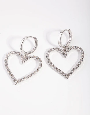 Silver Diamond Heart Huggie Earrings