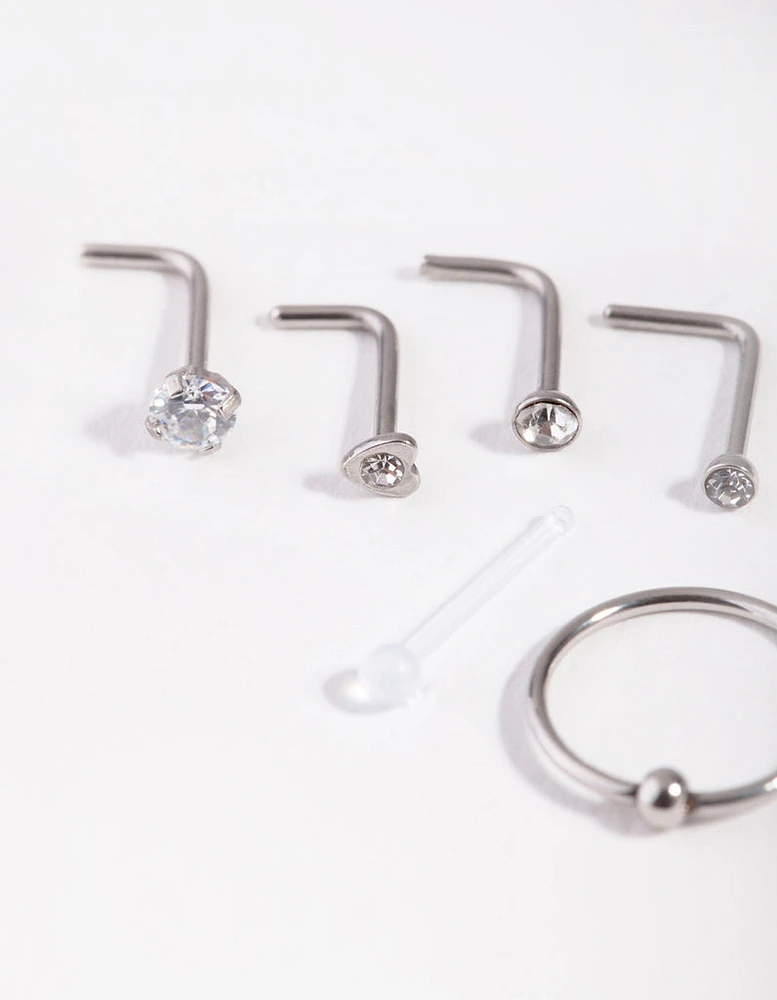 Silver Mixed Diamante Nose Stud 6-Pack