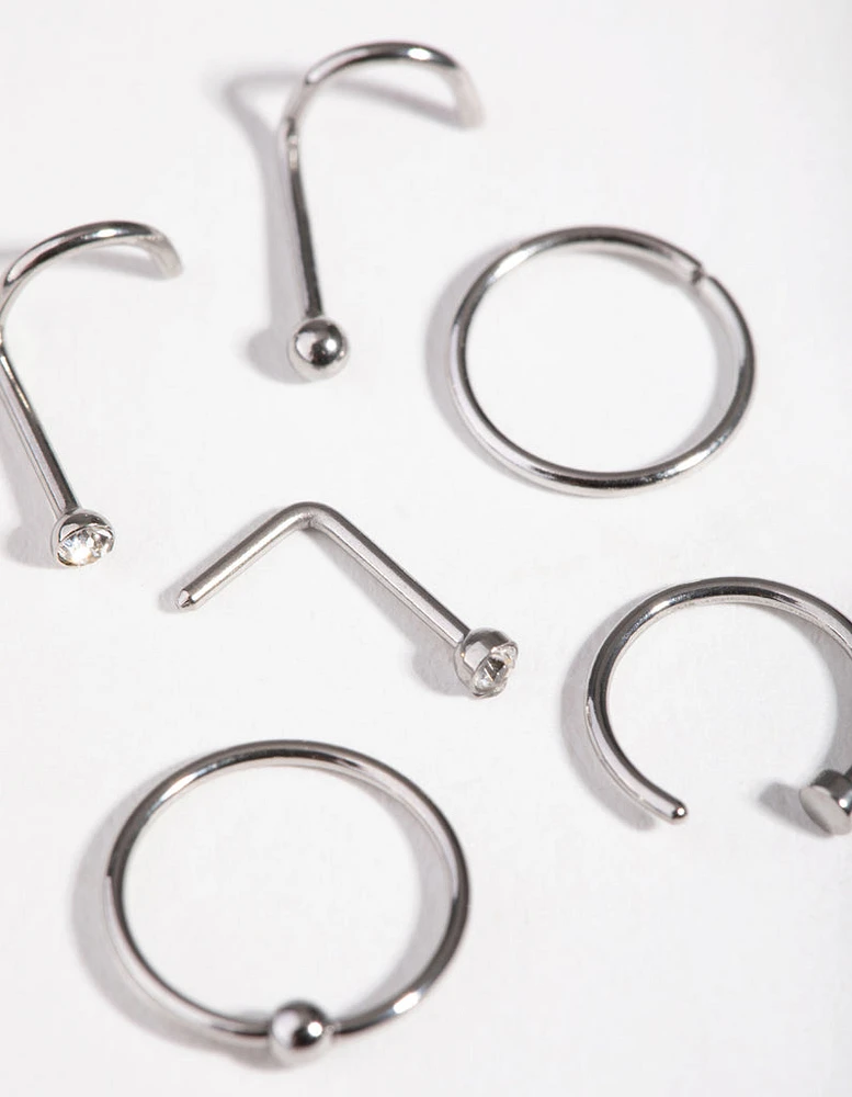 Rhodium Classic Mixed Nose Piercing 6-Pack