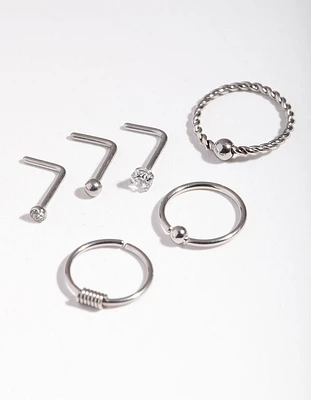 Surgical Steel Rhodium Diamante Twist Nose Stud 6-Pack