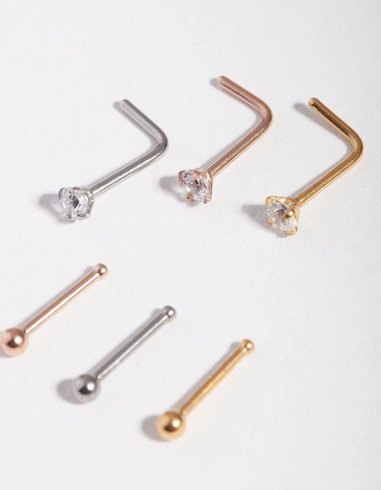 Mixed Metal Cubic Zirconia Nose Stud 6-Pack