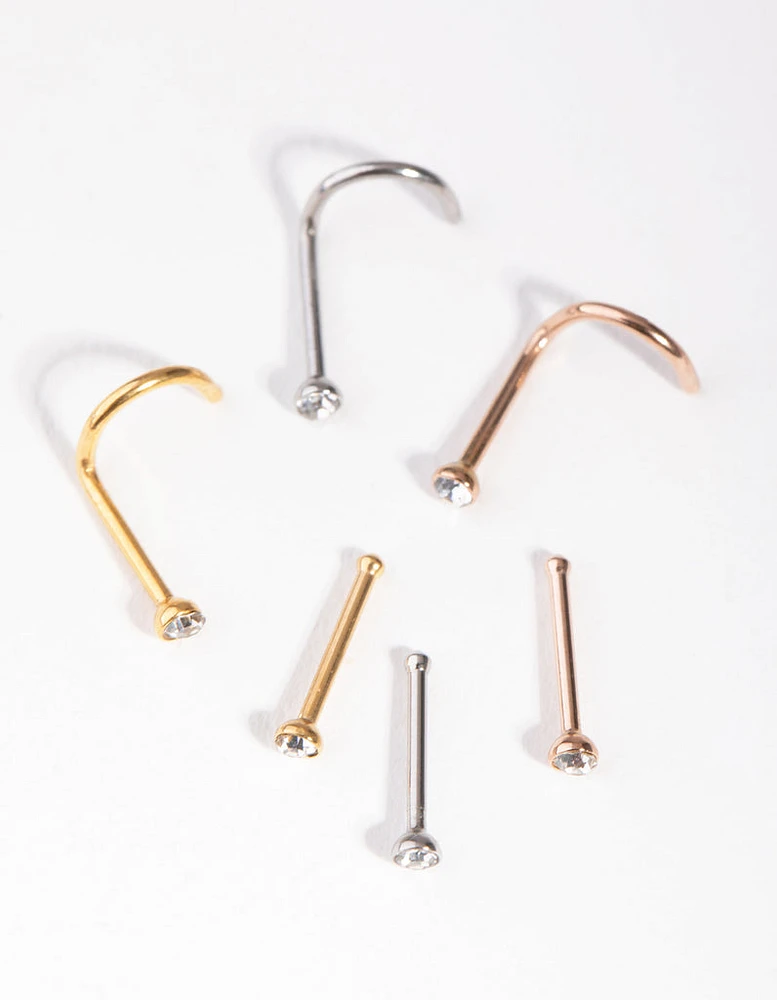 Mixed Metals Diamante Nose Stud 6-Pack