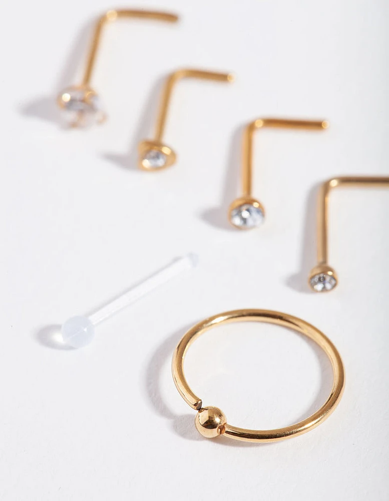 Gold Surgical Steel Mixed Diamante Nose Stud 6-Pack