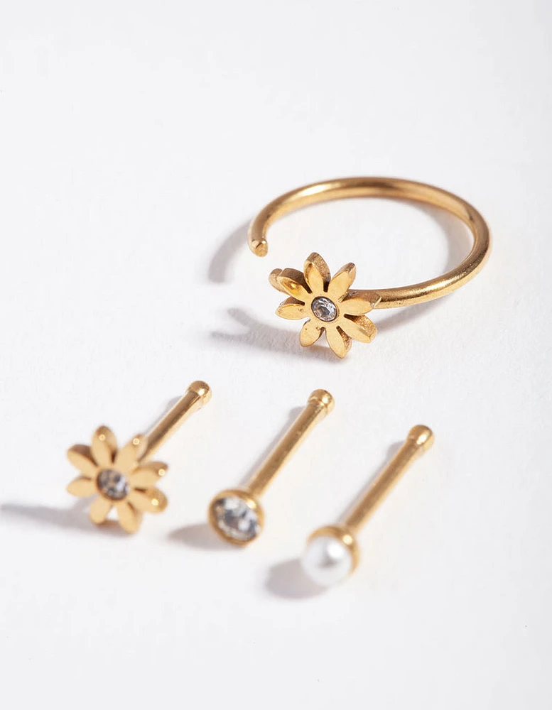 Surgical Steel Gold Flower Pearl Nose Stud 4-Pack