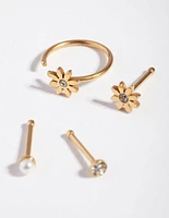 Surgical Steel Gold Flower Pearl Nose Stud 4-Pack