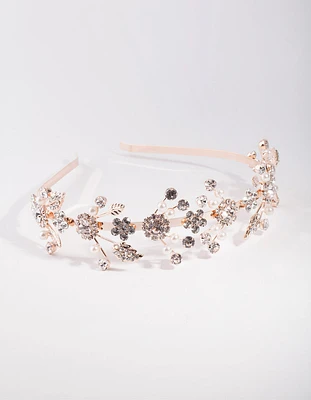 Rose Gold Leaf Diamante Pearl Spray Headband