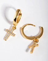 Gold Plated Sterling Silver Cubic Zirconia Cross Huggie Earrings