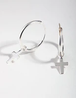 Silver Stud Mini Cross Hoop Earrings