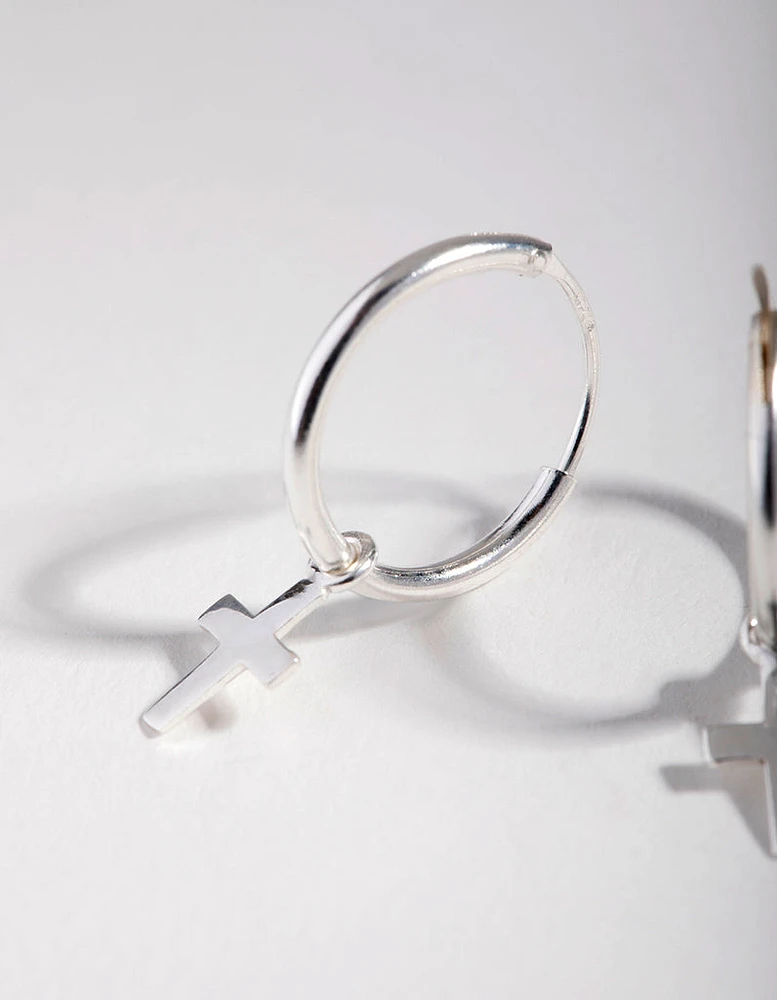 Silver Stud Mini Cross Hoop Earrings