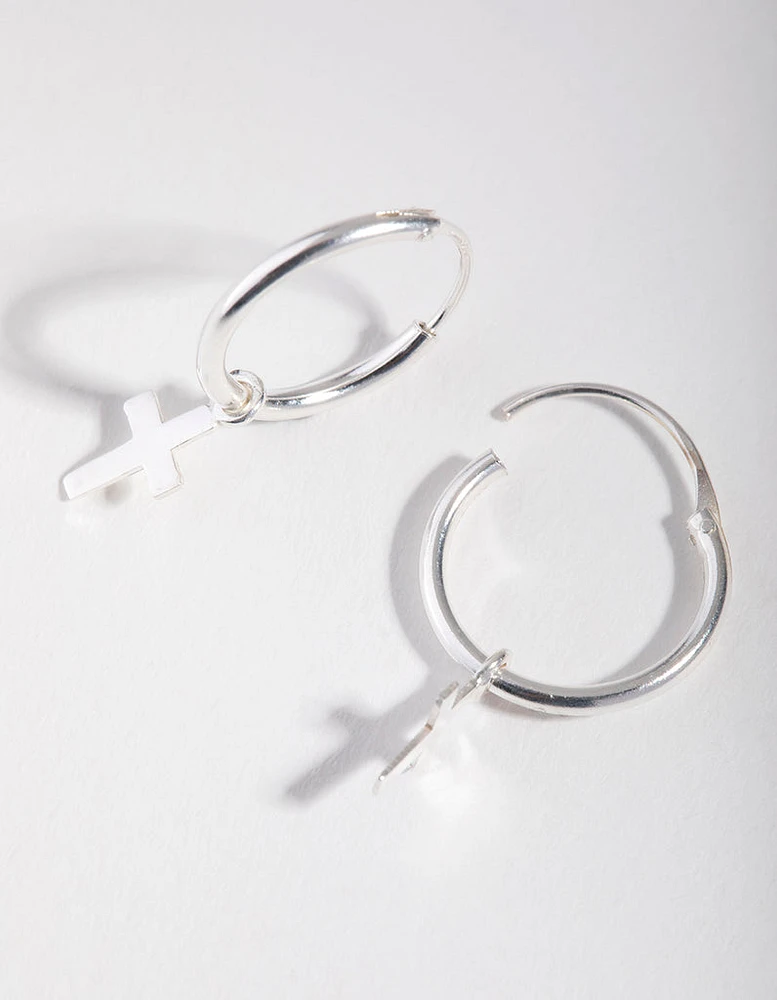 Silver Stud Mini Cross Hoop Earrings