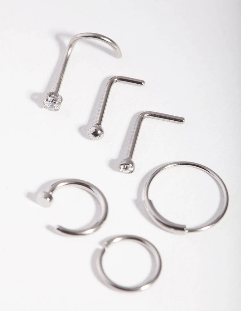 Surgical Steel Rhodium Nail Nose Ring 6-Pack