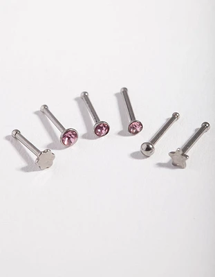 Surgical Steel Rhodium Graduated Star Nose Stud 6-Pack