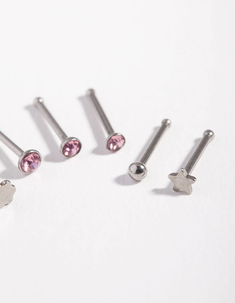 Surgical Steel Rhodium Graduated Star Nose Stud 6-Pack