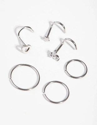 Surgical Steel Diamante Motif Nose Piercings 6-Pack