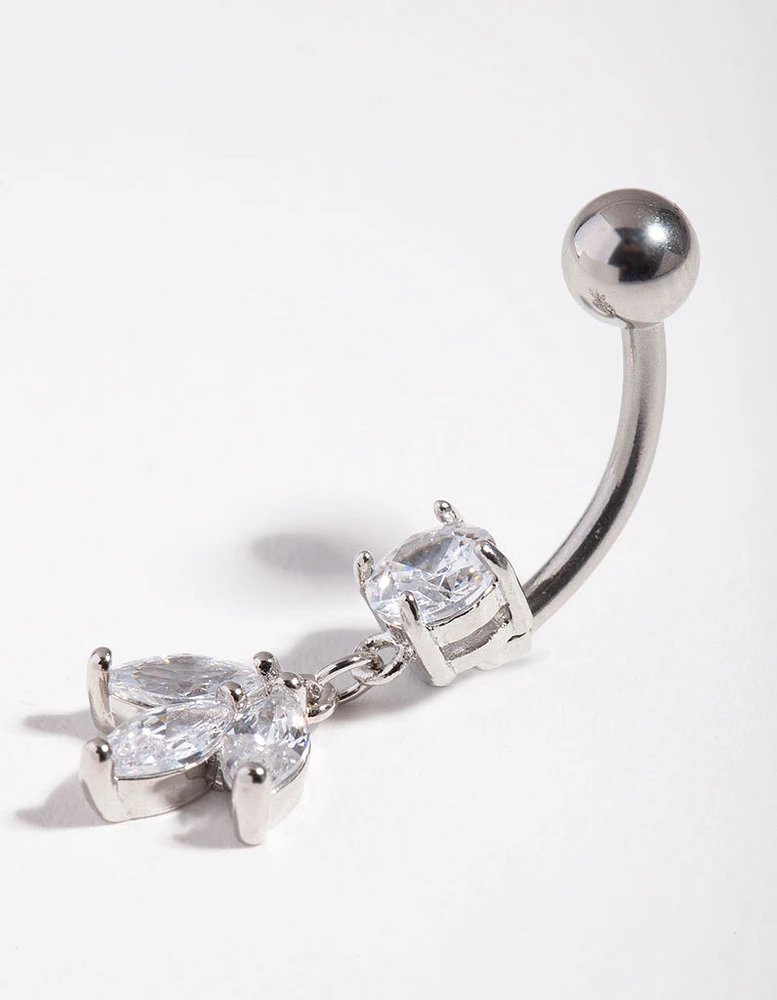 Rhodium Surgical Steel Cubic Zirconia Marquise Dangle Bellybutton Ring