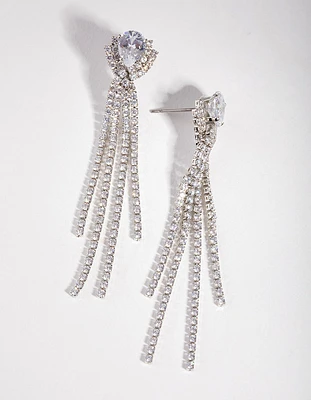 Silver Cubic Zirconia Cupchain Fringe Drop Earrings