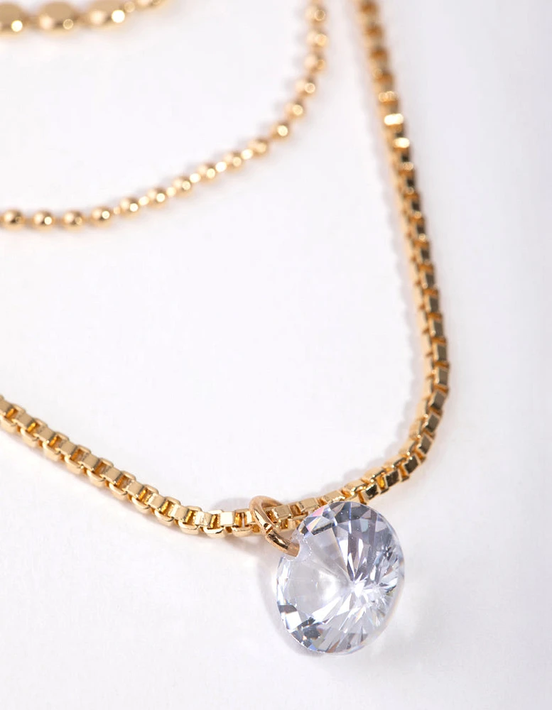 Gold Cubic Zirconia Chain Droplet 3-Row Necklace