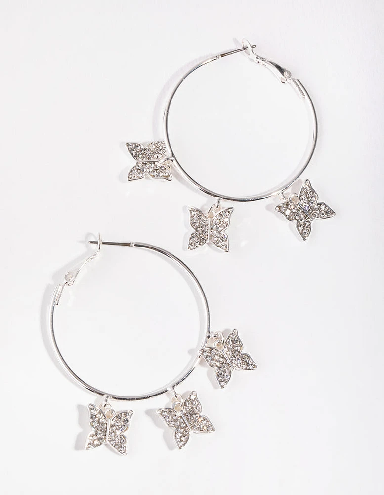 Silver Diamante Butterfly Hoop Earrings