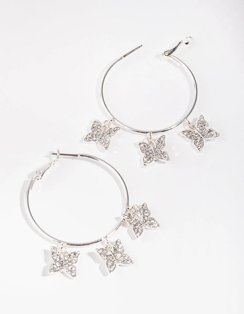 Silver Diamante Butterfly Hoop Earrings