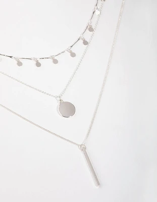 Silver Fine Drop & Bar 3-Row Necklace