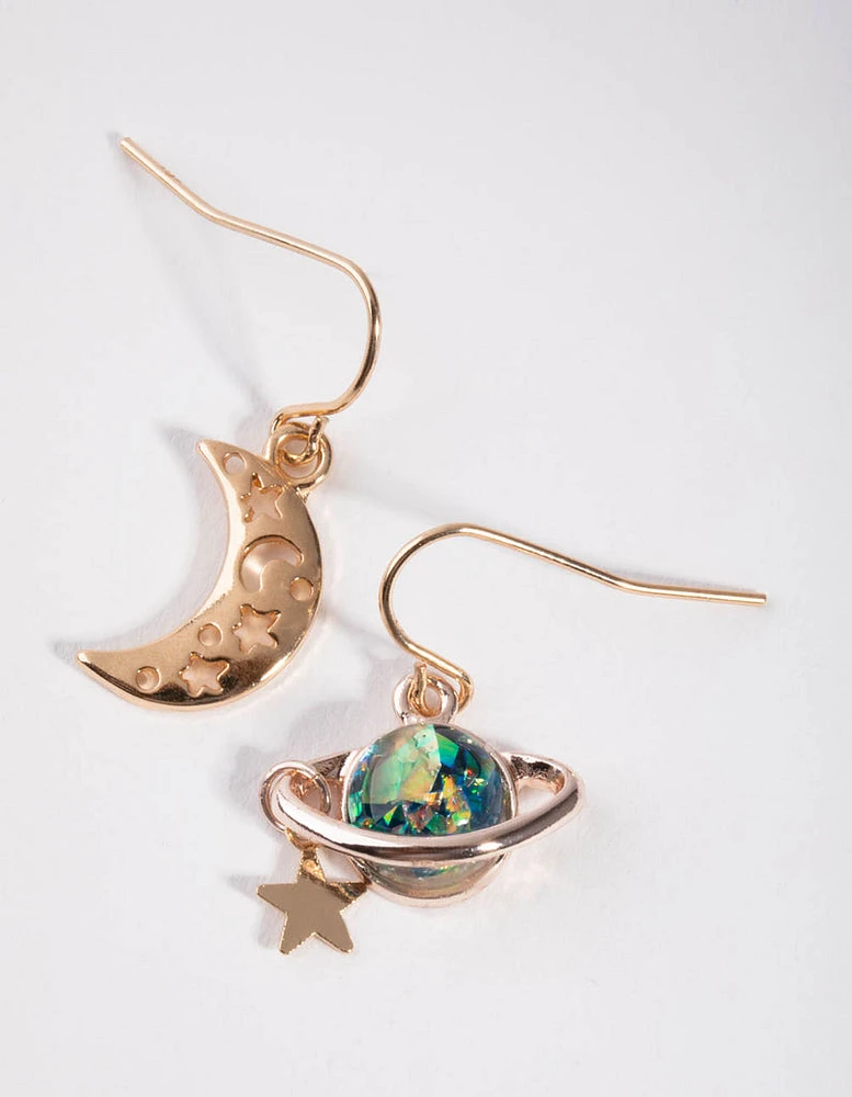 Gold Planet Drop Earrings