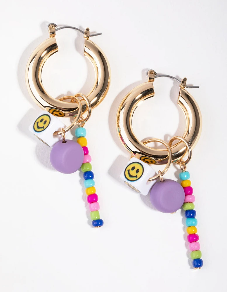 Gold Smiley Dice Beaded Hoop Earrings