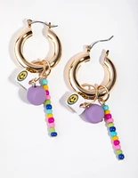 Gold Smiley Dice Beaded Hoop Earrings