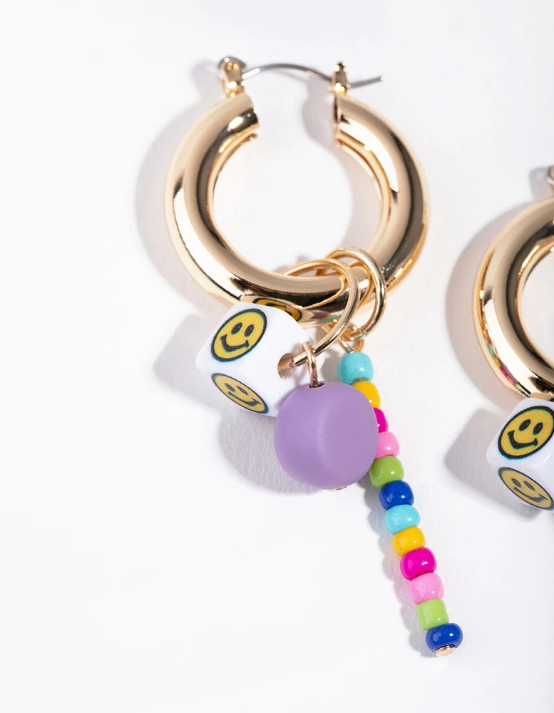 Gold Smiley Dice Beaded Hoop Earrings