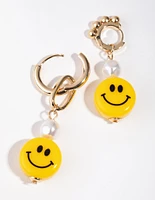 Gold Asymmetrical Pearl Smiley Drop Earrings