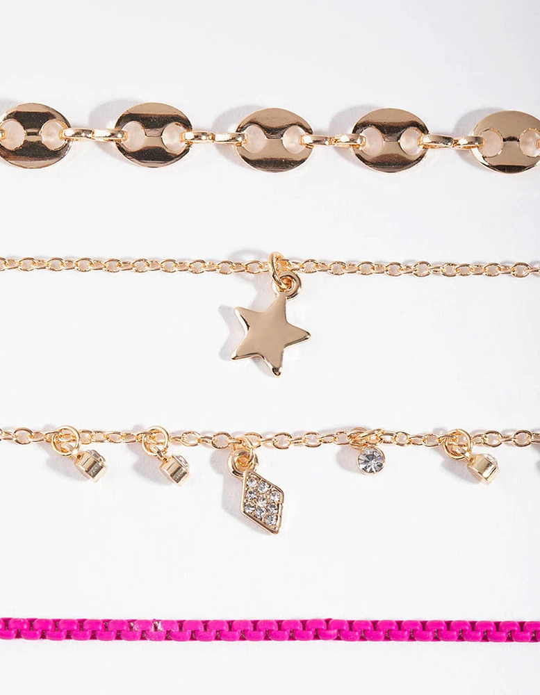 Gold & Pink Star 4-Pack Bracelet & Anklet Set