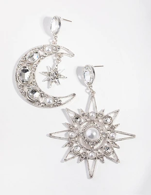 Antique Silver Statement Star & Moon Earrings