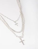 Silver Mix Chain Cross 4-row Necklace