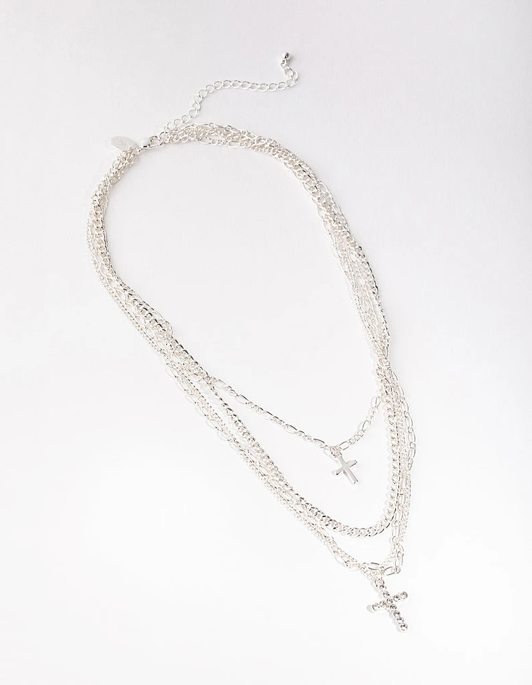 Silver Mix Chain Cross 4-row Necklace