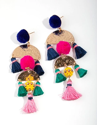 Gold Pom Pom Tassel Drop Earrings